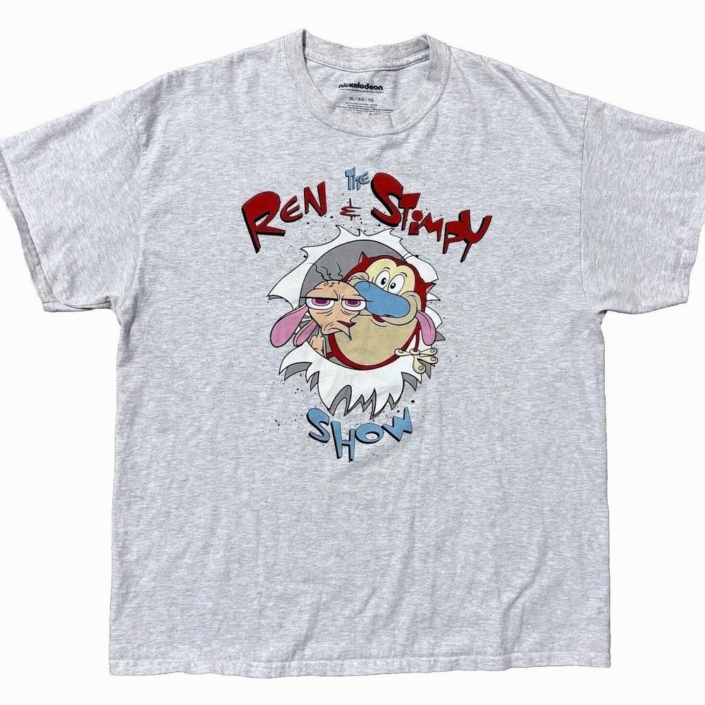Ren & Stimpy Show T-Shirt XL Graphic Tee Gray Y2K Retro Cartoon Nickelodeon